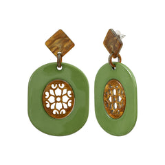Green amber acetate steel earrings