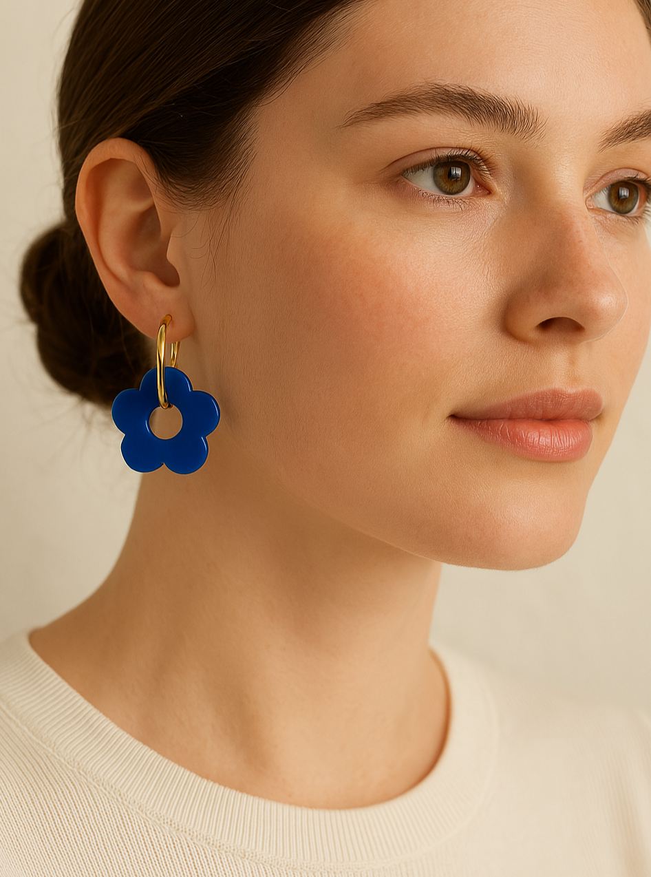 Boucles D'oreilles Pendantes Fleurs Bleues - Neuf Sans Emballage - Fermoir Clous
