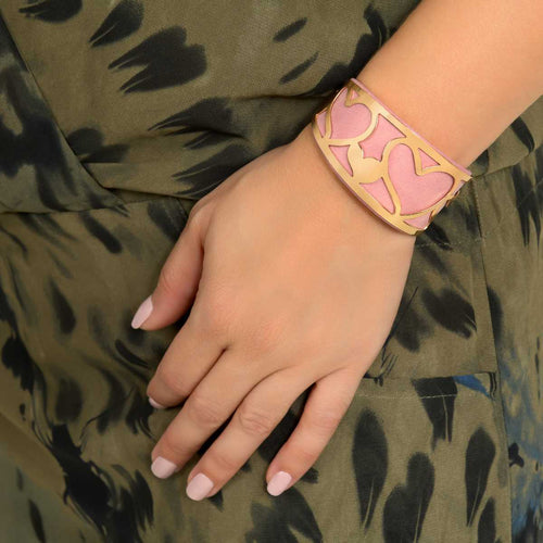 Cleo cuff in gold brass + pink synthetic leather