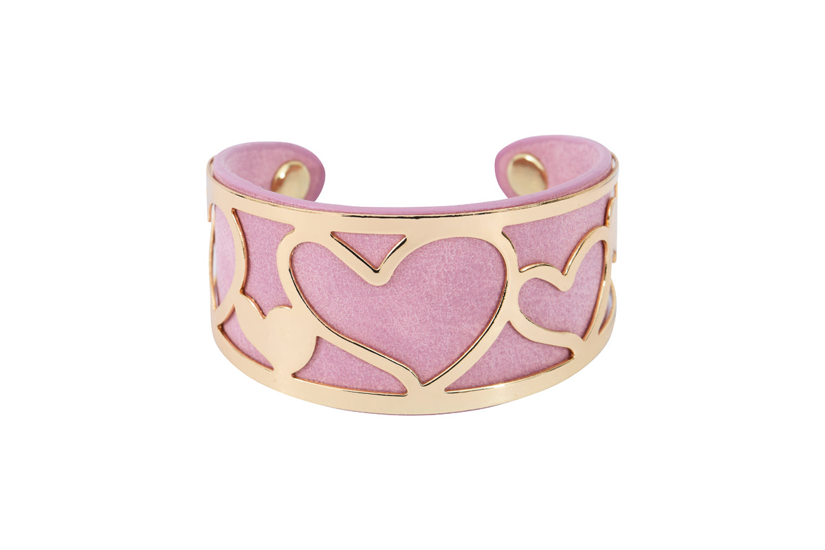 Manchette Cleo en laiton doré + cuir synthétique rose