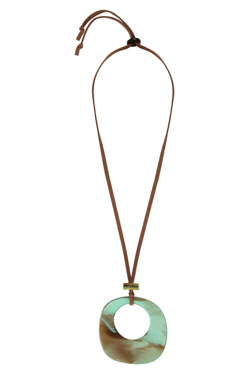 Long necklace Seventies Turquoise green acetate + alcantara