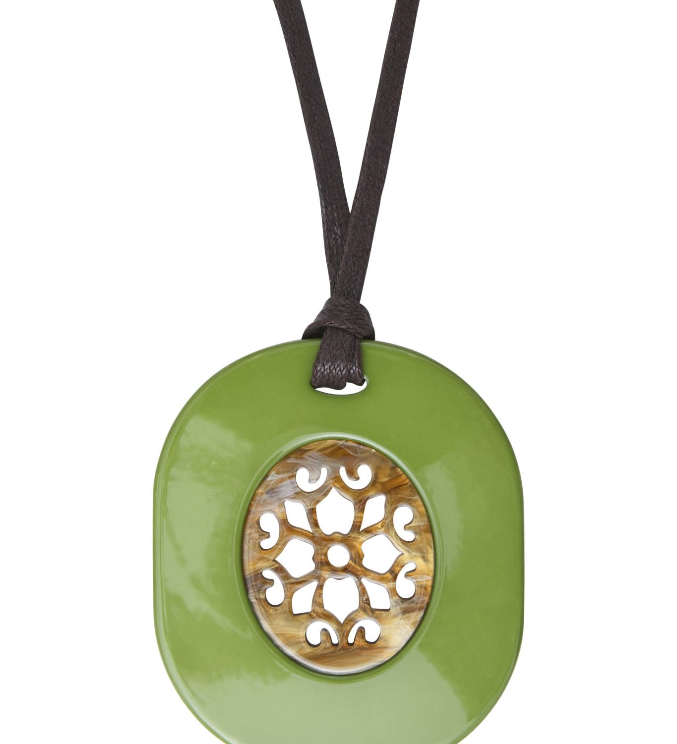 Sautoir-Collier Seventies Acétate ambre vert + coton ciré