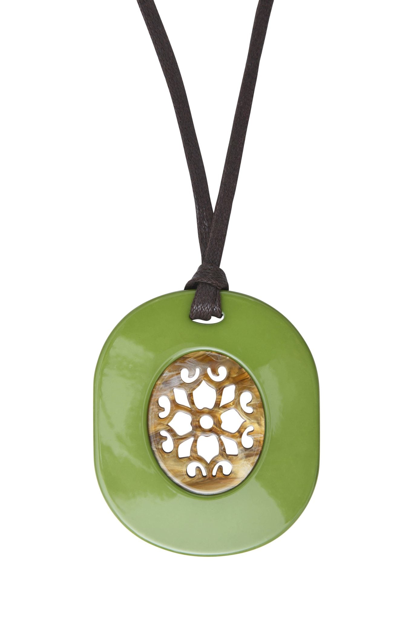 Sautoir-Collier Seventies Acétate ambre vert + coton ciré